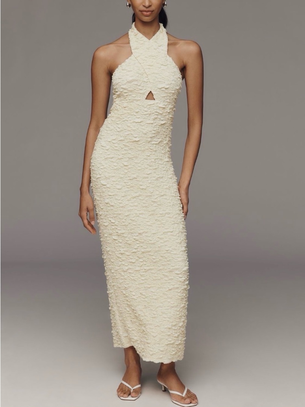 Halter Textured Midi Dress in Pale Yellow Anthropologie